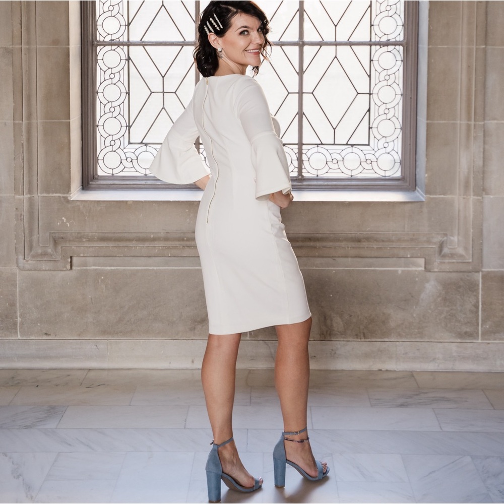 Calvin Klein Round Neck 3/4 Bell Sleeve Sheath Dress Winter White